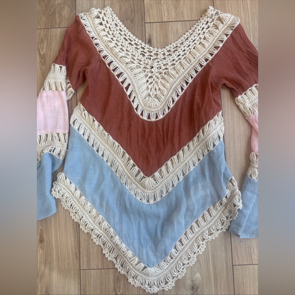 Beautiful Sz S Boho Hippie Crochet Gauzy Striped V-Neck Long Sleeve Top Coverup - Picture 4 of 10